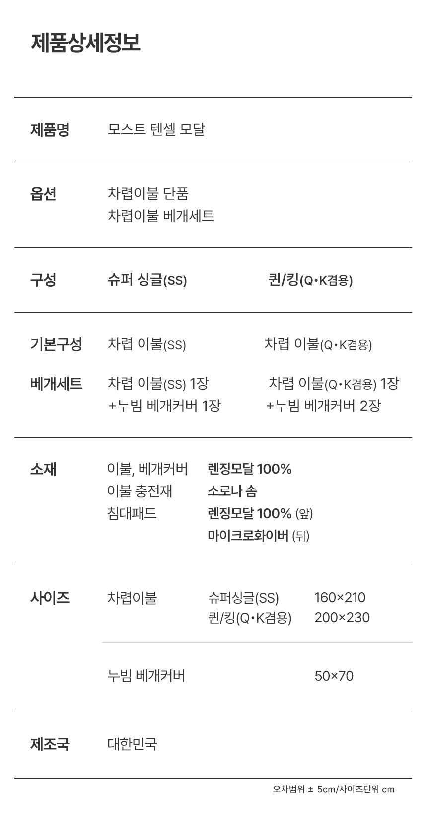 제품상세정보 안내 표: 제품명(모스트 텐셀 모달), 옵션(단품, 베개세트), 구성(슈퍼 싱글 SS / 퀸/킹 Q·K겸용), 소재(이불·베개커버 렌징모달 100%, 충전재 소로나 솜, 침대패드 앞 렌징모달 100% 뒤 마이크로화이바), 사이즈(차렵이불 SS 160x210, Q·K 200x230, 누빔 베개커버 50x70), 제조국(대한민국) - 누비지오 모스트 상품 스펙표