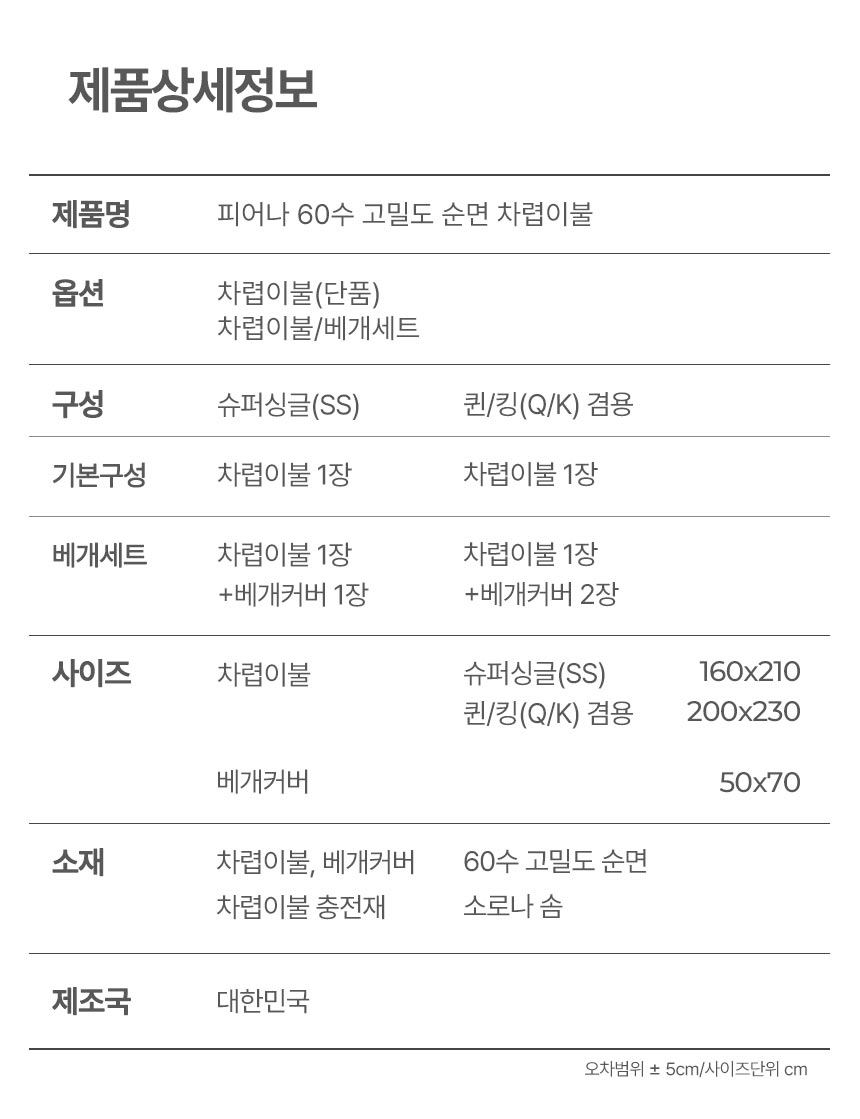 information 제품상세정보 - 피어나 프리미엄 60수 고밀도 순면 차렵이불 제품 상품명, 구성, 사이즈, 소재 안내