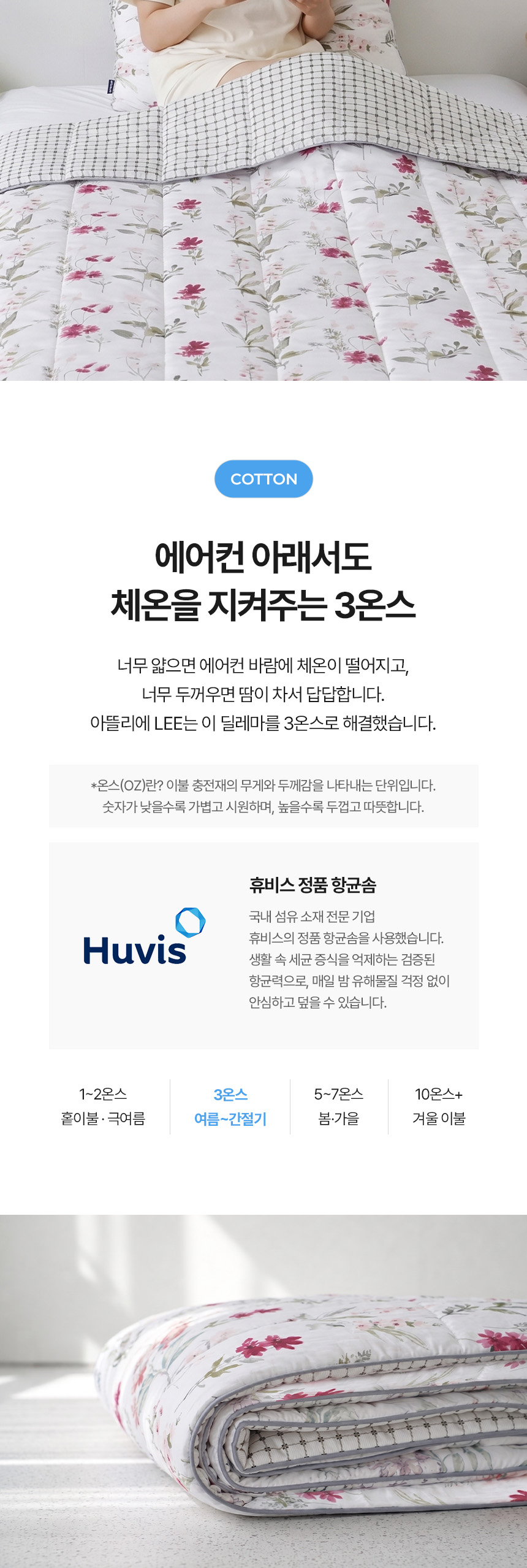 아뜰리에 LEE (아뜰리에 리) 3온스 여름 및 간절기 이불의 특징을 설명하는 이미지로, 여름 이불 충전재 무게와 두께 단위를 온스별로 비교하고, 너무 얇거나 두껍지 않아 에어컨 바람 아래서도 적정 체온을 유지해 주는 두께감과 국내 섬유 전문 기업 휴비스 정품 항균솜을 사용해 세균 증식을 억제하고 위생적인 수면 환경을 제공함을 보여주는 상세페이지
